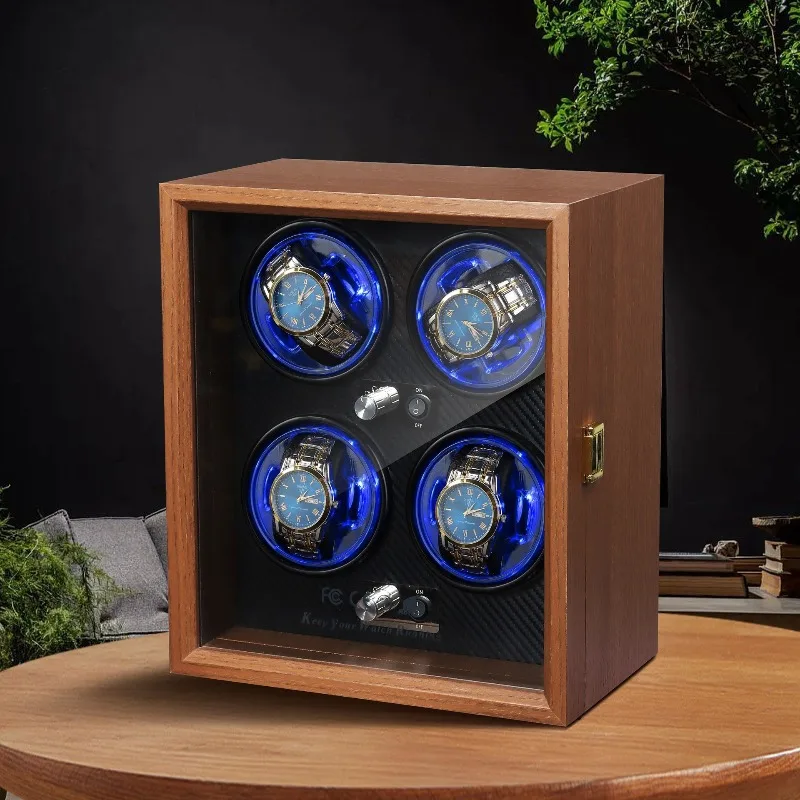 Wooden Automatic Watch Winder Box Quiet Anti-Magnetic Rotating Display Case with LED Light for Men Dustproof Storage Organizer