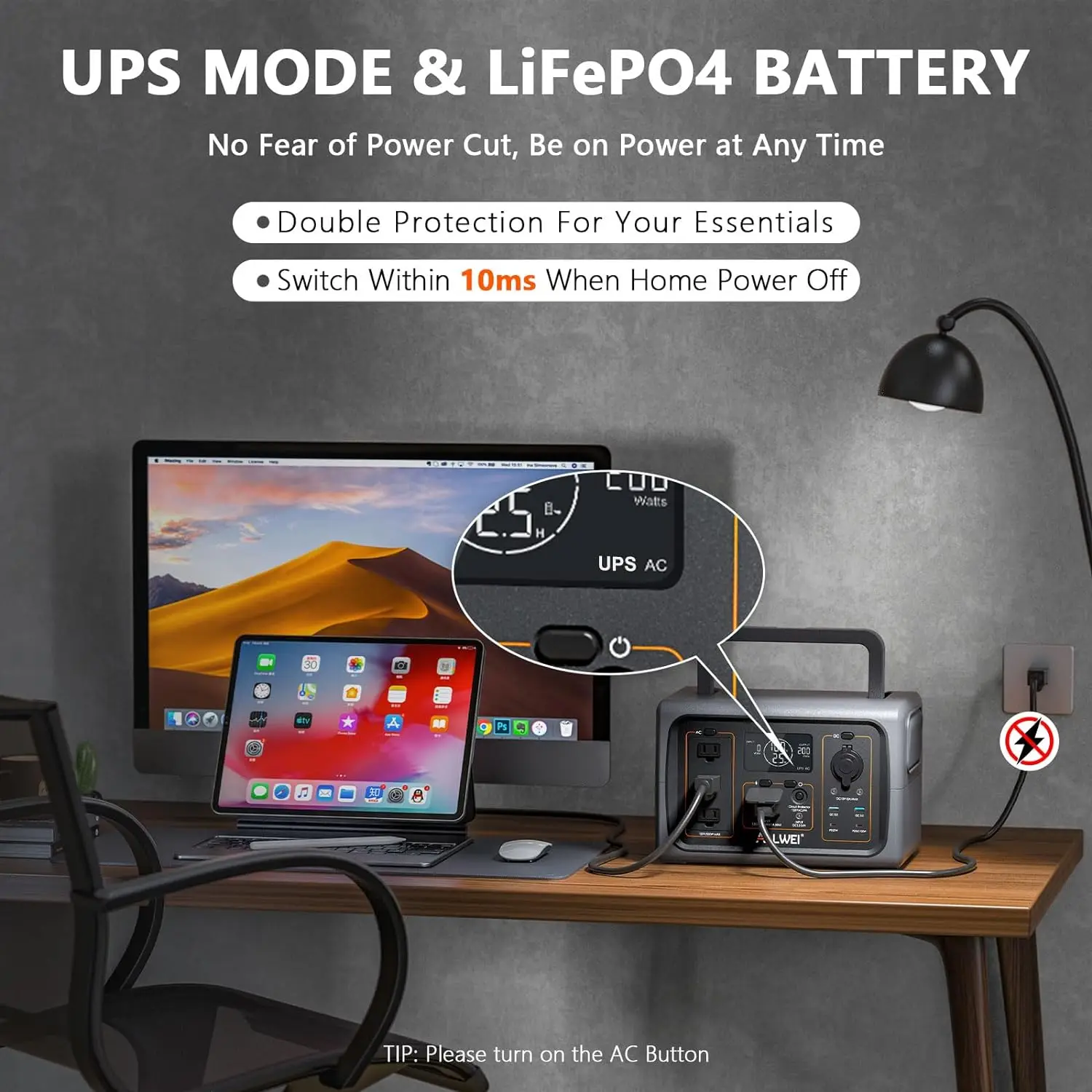 LiFePO4 Portable Power Station 500W(Surge 1000W) 512Wh Solar Generator with UPS Function, 2.5Hrs Fast Charge