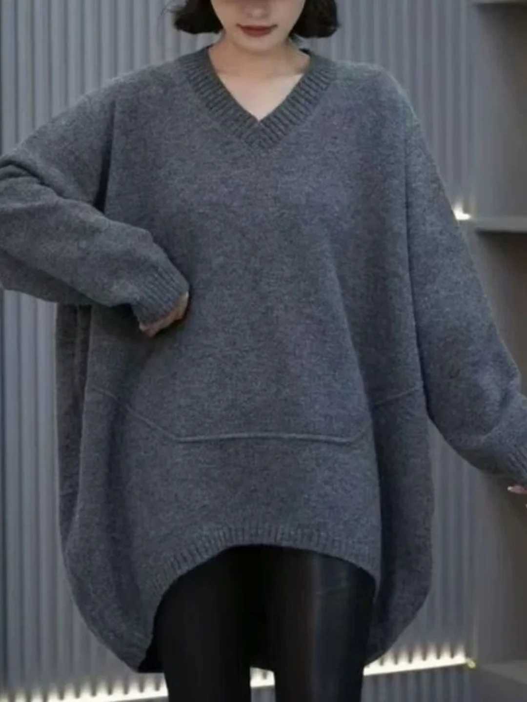 Loose Fit V-Neck Long Sleeve Knitwear Base Layer T-Shirt Autumn Winter plus Size round Hemline Elegant Overhead Shirt