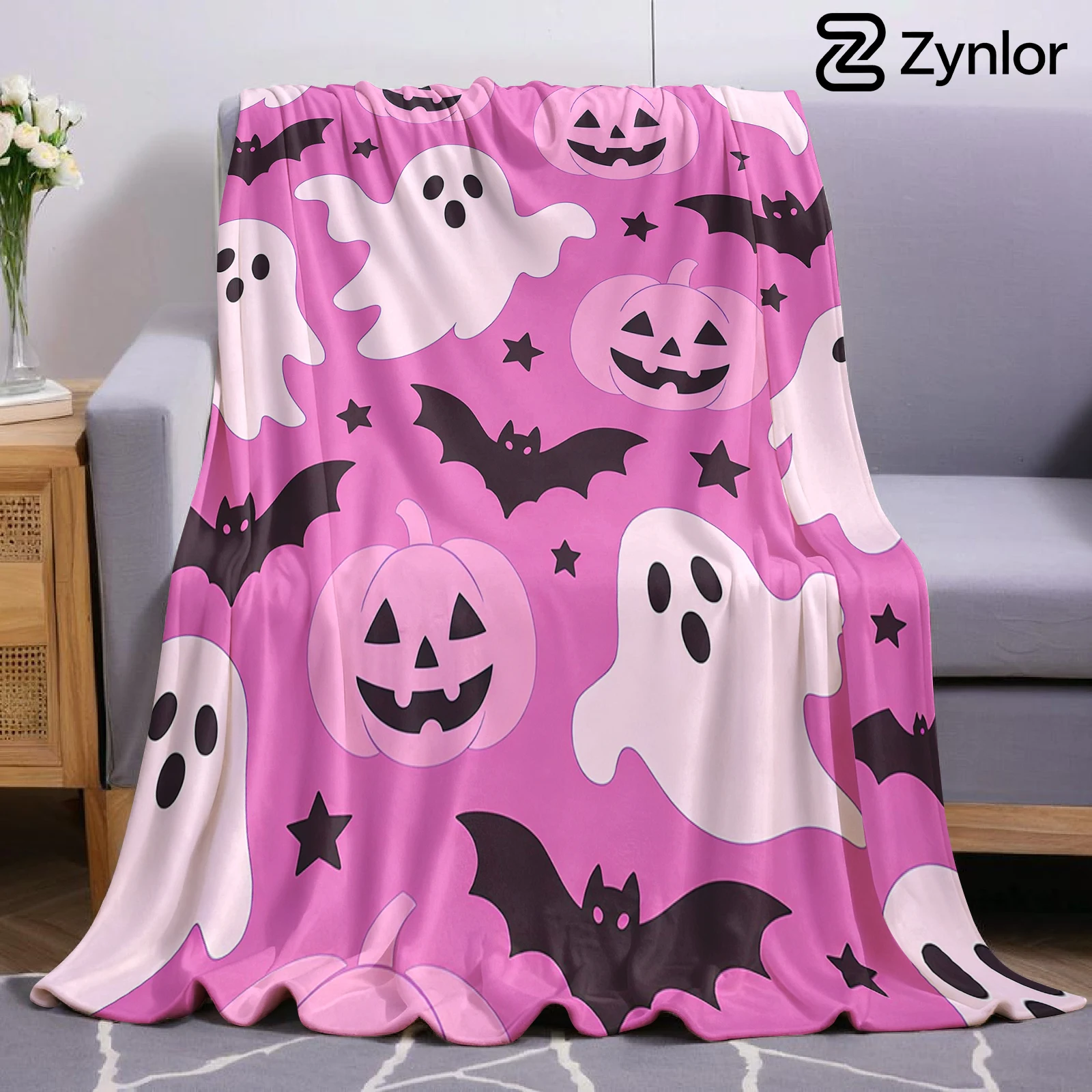 Pink Pumpkin Ghost Bat Lightweight Microfiber Soft Christmas Fleece Blanket Warm Cozy Throw for Sofa Office Travel All Season