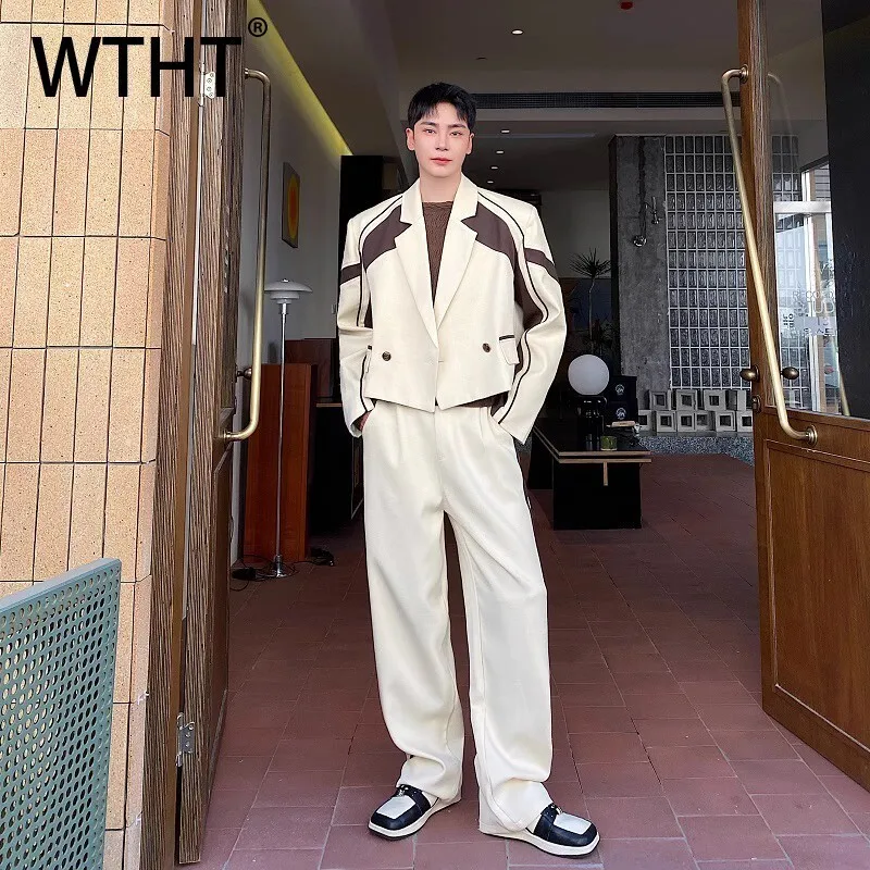 

WTHT Fashion 2025 Autumn Men's Suit Spliced Contrast Lapel Coats Casual High-waisted Loose Straight Pants Set Male 2A1856