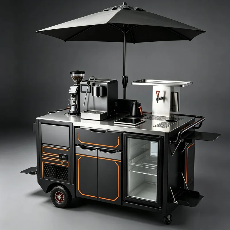 Wheeled Mobile Coffee Bar Cart Portable Coffee Serving Trolley With Refrigerator And Storage Customized