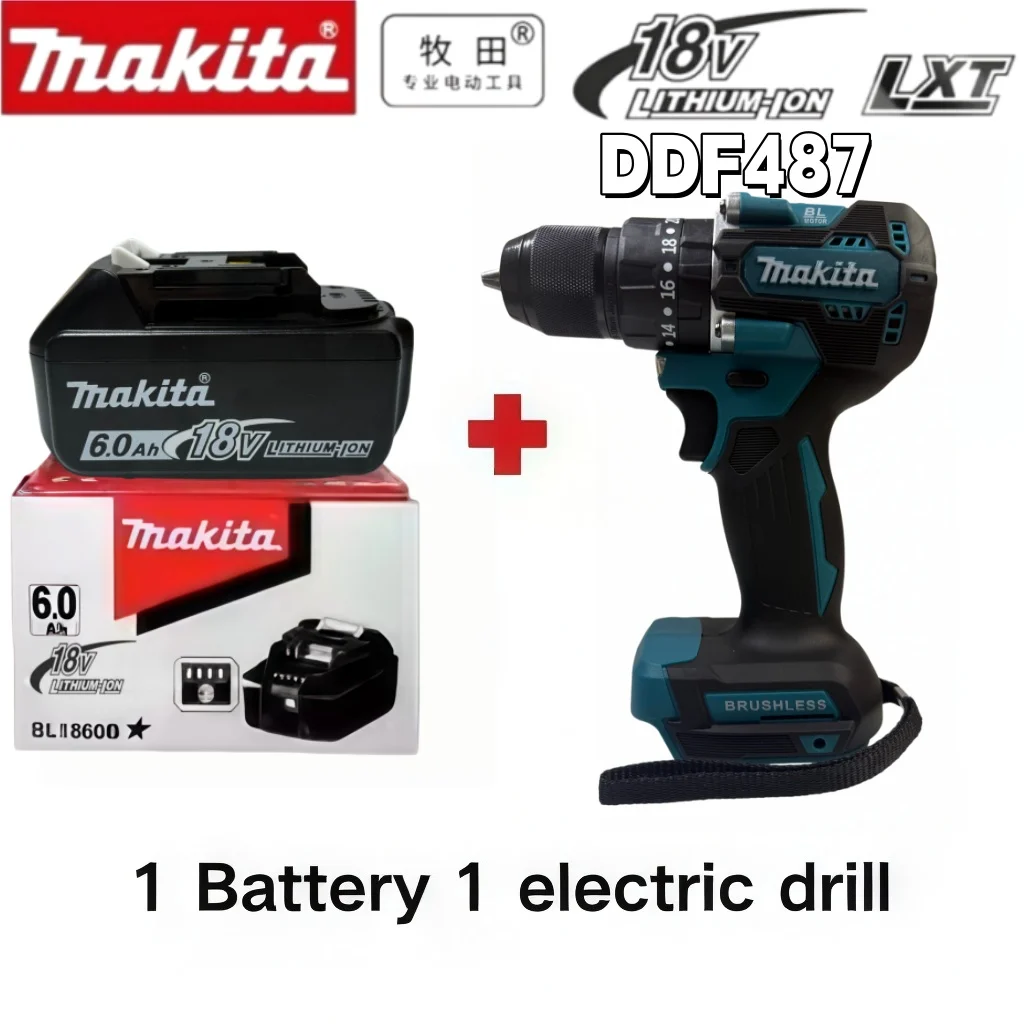 Red Box Genuine Makita 18 Volt 6.0Ah Battery + DDF487 + Charger, Replacement Battery Compatible with Electric Power Tools