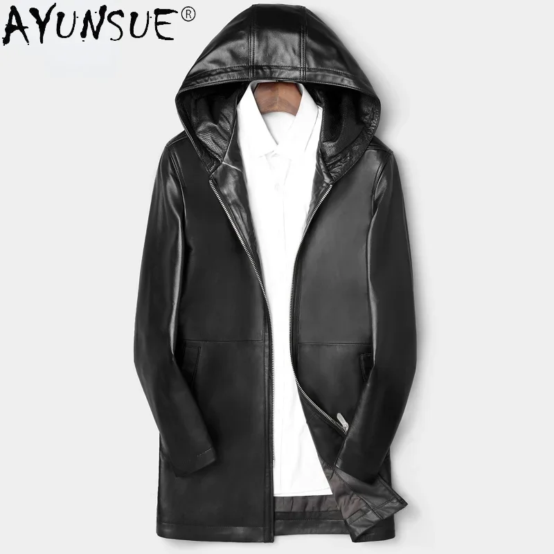 

AYUNSUE 100% Genuine Leather Jacket Male 2021 Autumn New Fashion Black Hooded Sheepskin Leather Jackets Jaqueta Masculina Gmm393