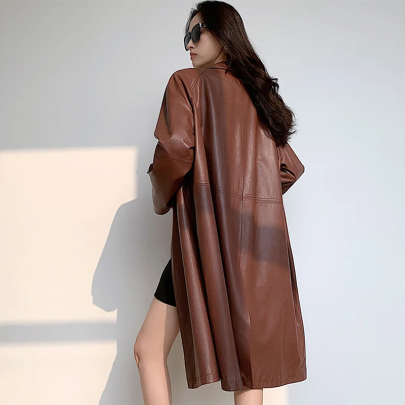 Trench-Coat Long en peau de mouton pour femme, veste en cuir à Double boutonnage, ample, Texture cireuse, Style britannique, automne hiver