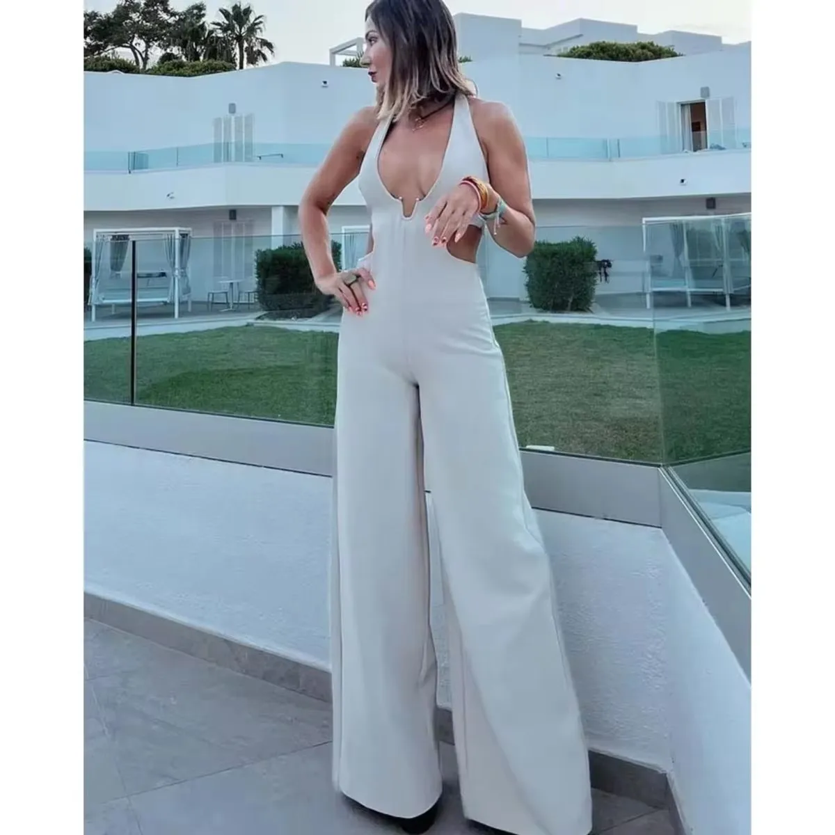 Off Shoulder Long Jumpsuits Woman 2024 Summer Women Hanging Neck Sexy Sleeveless Long Jumpsuit Woman Streetwear Romper