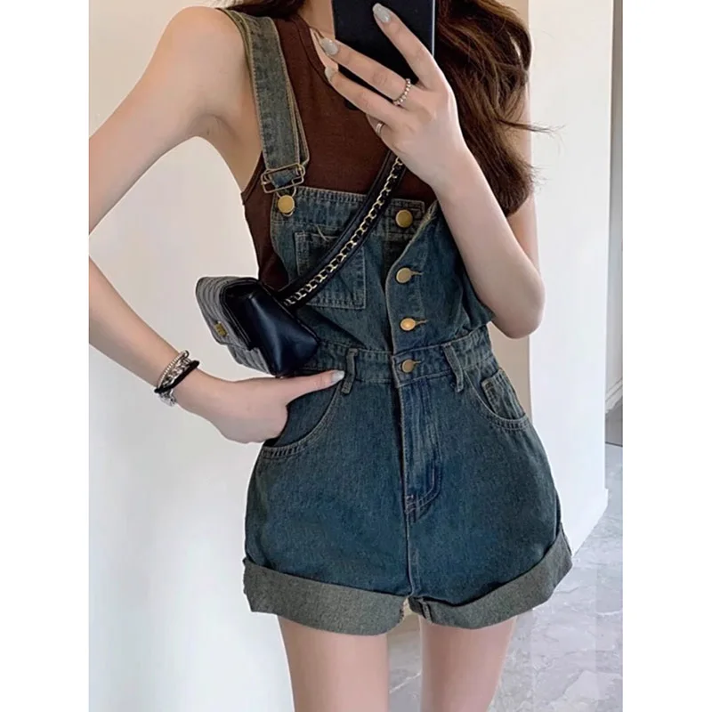 Retro Denim Overalls Single-breasted Pocket Design Sense Rolled Edge Shorts Women's Korean Summer High-waist Straight Leg Pants