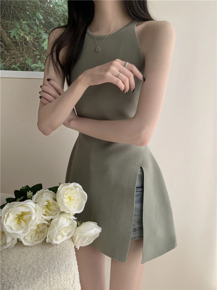 Camisole Women Solid Side Splits Simple Leisure All-match Minimalist Prevalent Korean Style Basics Romantic Summer Elegant Cute