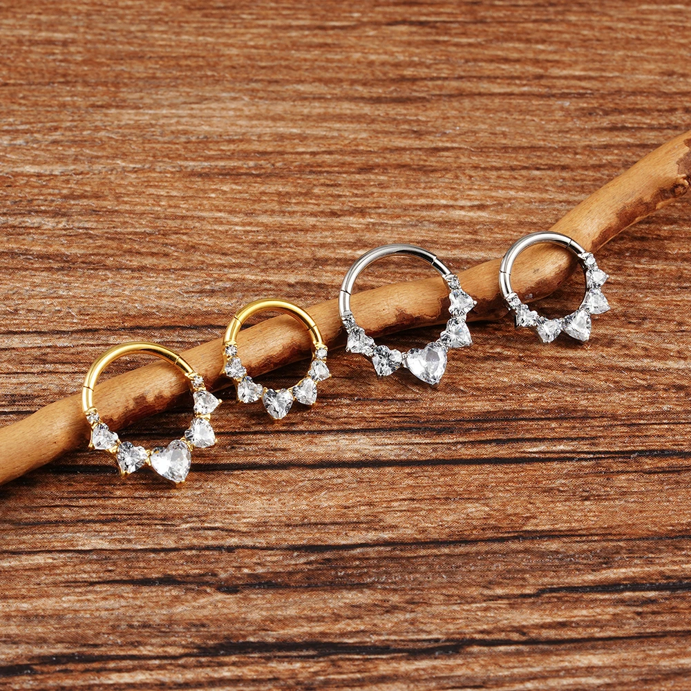 Grand ASTM F136 Titanium CZ Heart Daith Earring Hoop 16G Hinged Septum Clicker Nose Ring Hypoallergenic Piercing Jewelry