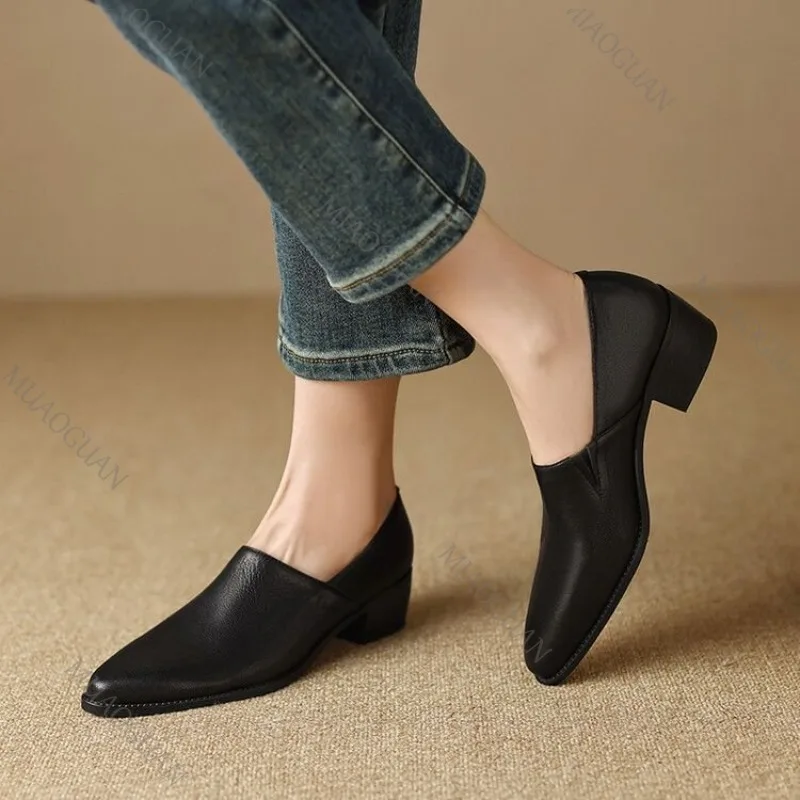 Pointed Head Soft Leather Loafers Shoes Women Spring Autumn New Thick Middle Heel Fashion Single Shoes Solid Color Female Pumps