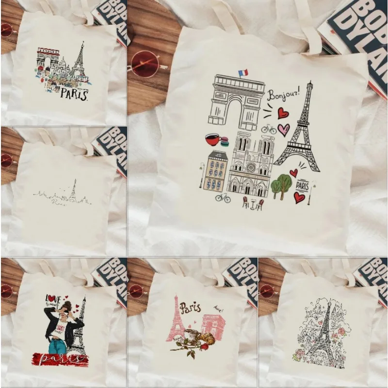 Paris Shopping Bag Shopper Grocery Recycle Bag Bolsa Tote Shopper Boolschappentas Cloth Tissu Home Decoration