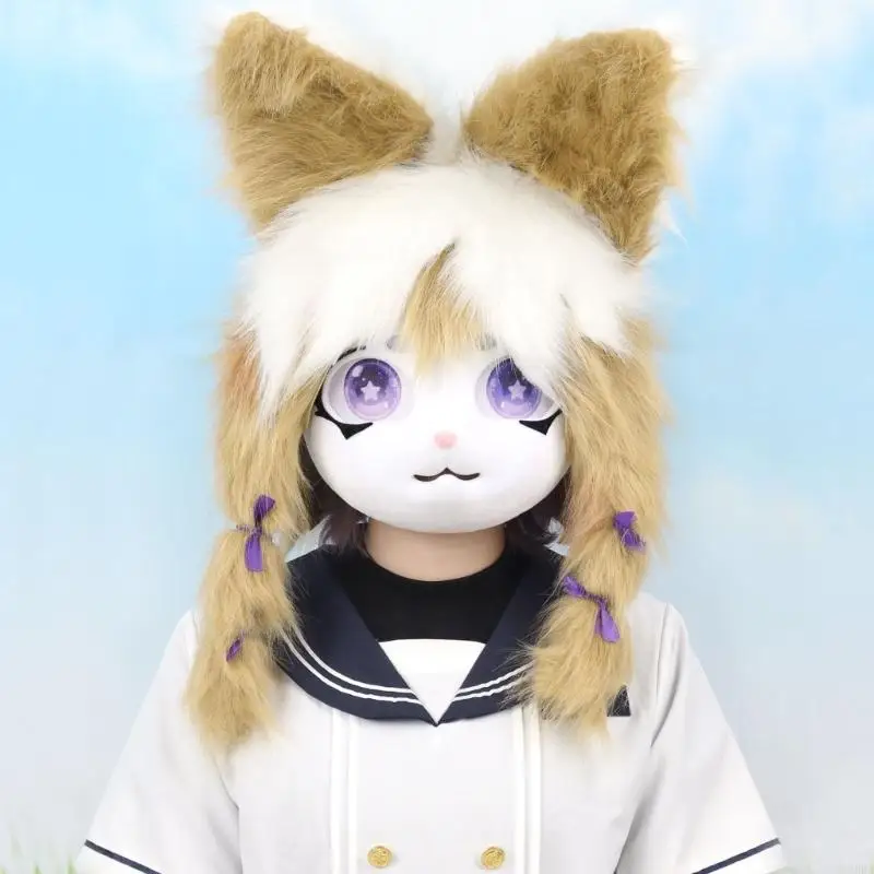 Kids Adults Furry Animal Head Mask Rabbit Fursuit Cut Mask Plush Rabbit Mask 6XDA