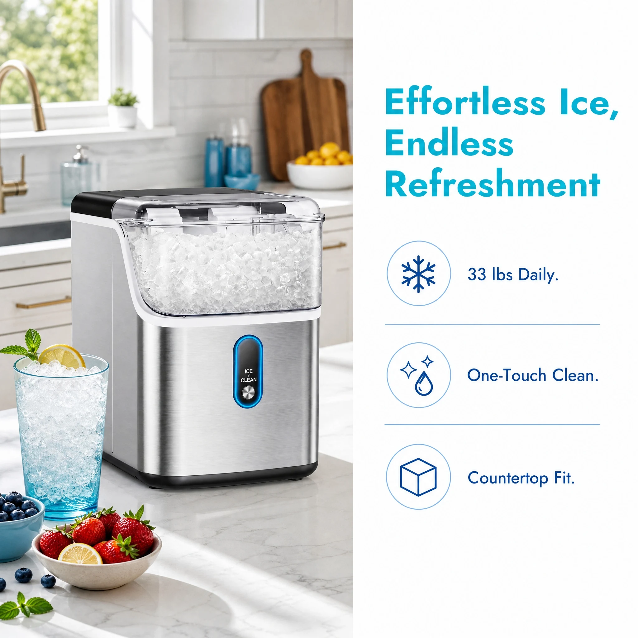 Nugget Ice Maker Countertop, Pebble Ice Maker with Soft Chewable Pellet Ice, 33 lbs per Day, Compact Ice Machine with Self-Cleaning & LED Indicator for Home, Kitchen, Camping, RV, Office