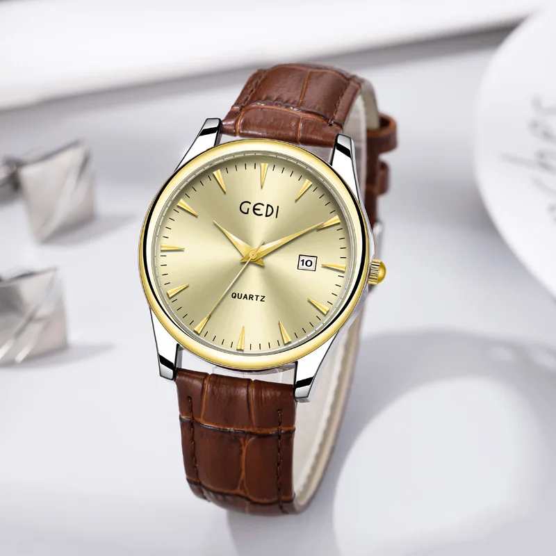 Gedi Couple's Classic Genuine Leather Watch Simple Advanced Calendar Waterproof Quartz Watch New Good-looking Watch