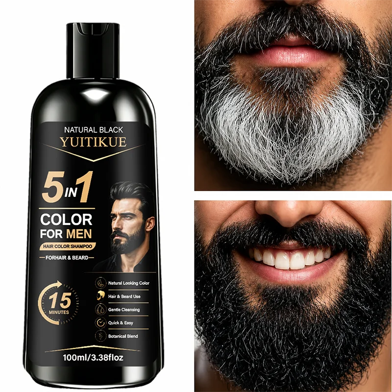 YUITIKUE Mens 5 in 1 Black Hair Beard Color Shampoo Instant Gray Coverage Natural Look 100ml