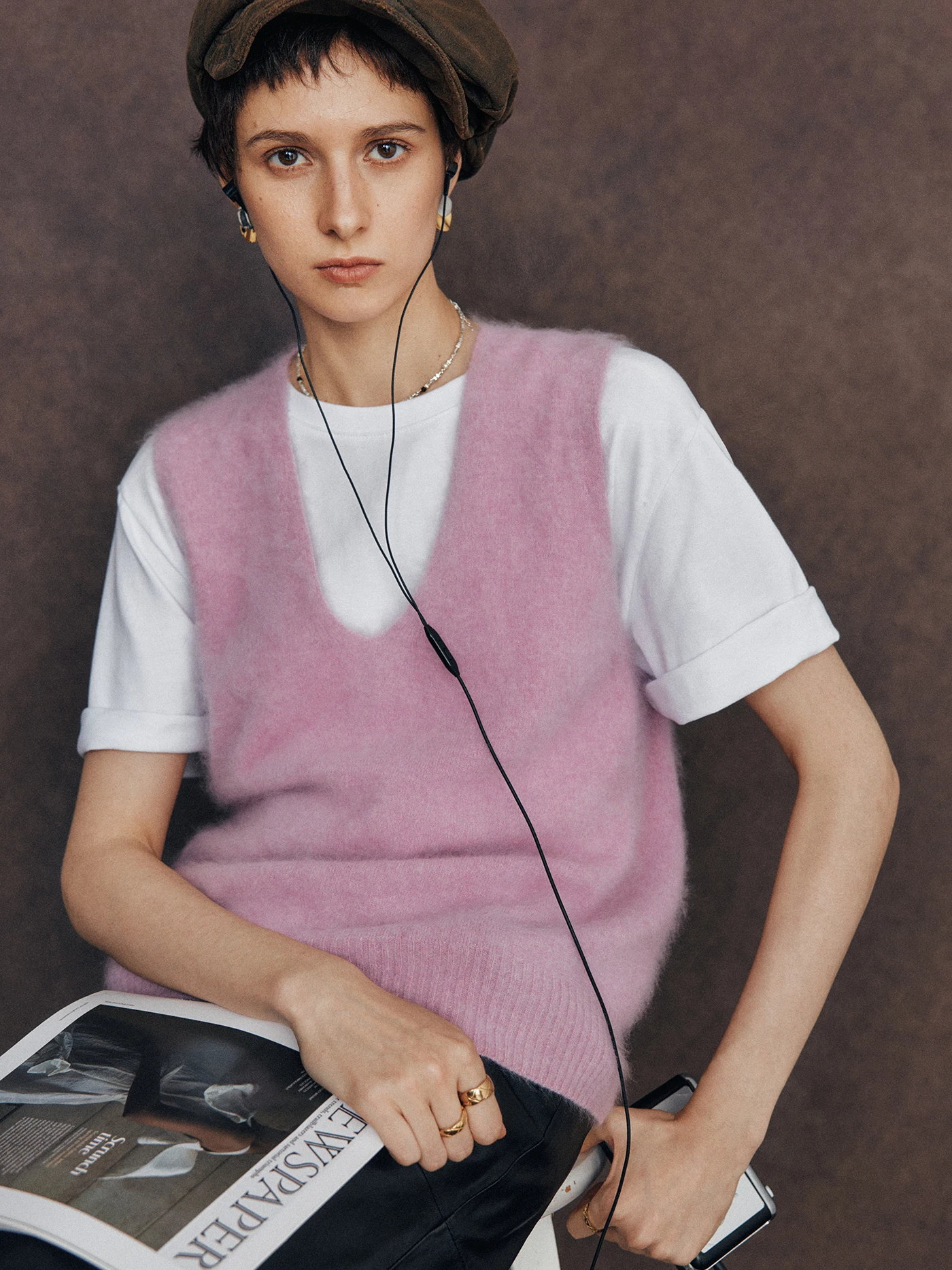 

Pink Woolen Cashmere Fleece Lined Knitted Vest Top V Neck Layering Clothing Soft Warm Citywalk Suitable Women's Sweater
