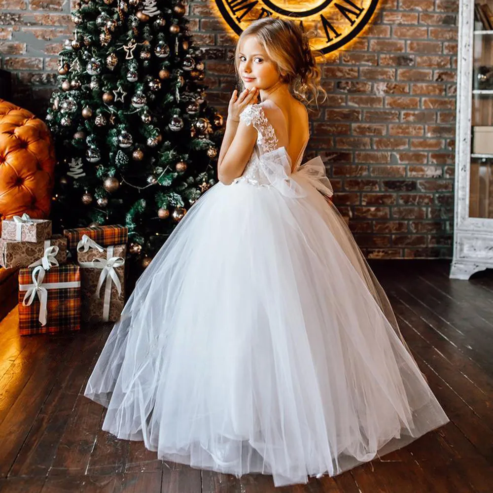 

Backless Flower Girl Dresses With Bowknot Sheer Neck Mini Bridal Wedding Dress Lace Tulle Holy First Communion Pageant Gowns