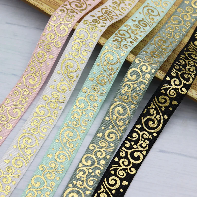 

Gold Vintage Scroll Floral FOE Ribbon 15mm Elastic for Wedding Bridal DIY Hair Bows Gift Wrapping Sewing Craft Party Accessories