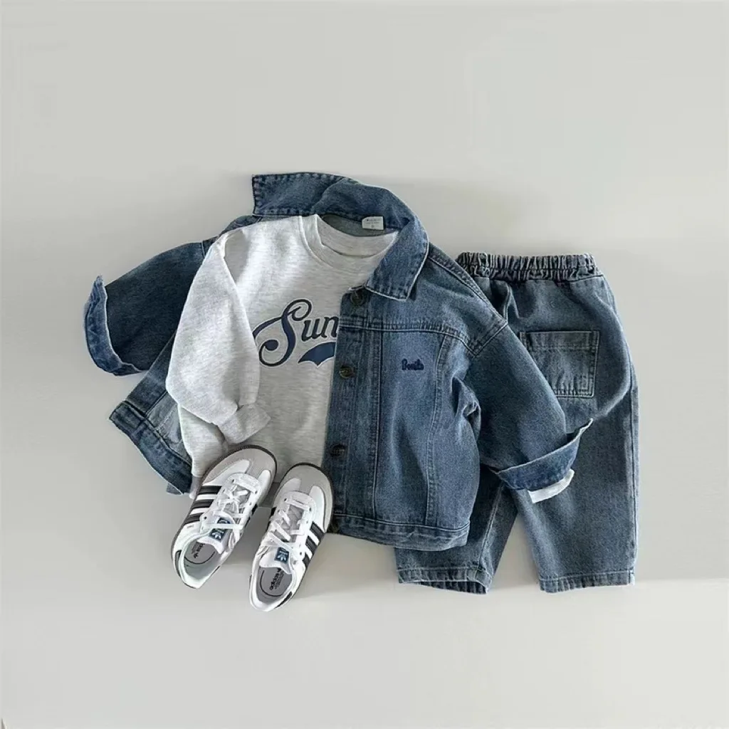 2024 Autumn New Baby Long Sleeve Denim Coat Fashion Children Casual Letter Jacket Infant Boys Single Breasted Lapel Coat