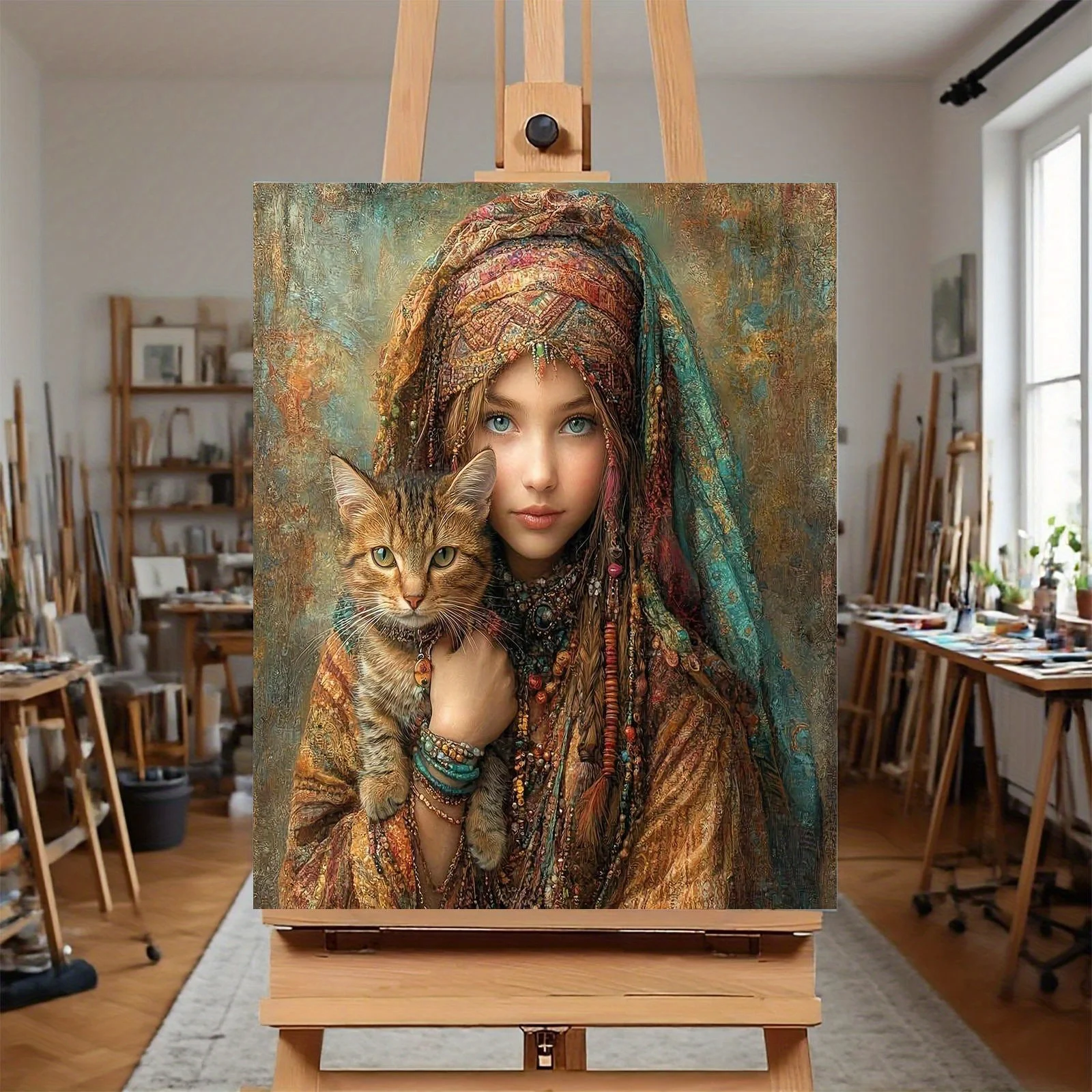 Professional Art Use: A Frameless DIY Digital Oil Painting Kit Featuring an Ethnic-style Girl and Cat. The Hand-painted Color