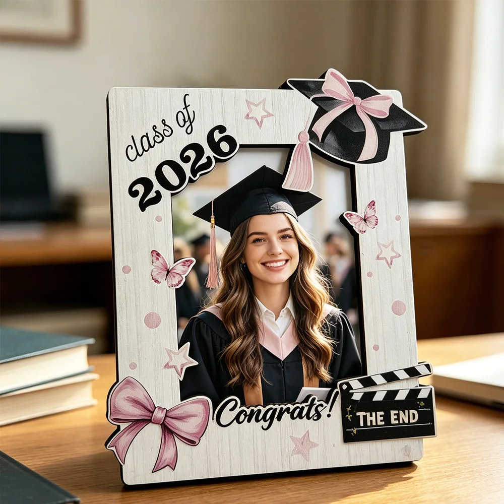 1 Pcs Class of 2026 Graduation Photo Frame - Pink Bow Wooden Keepsake - Freestanding Desk Decor for Graduates