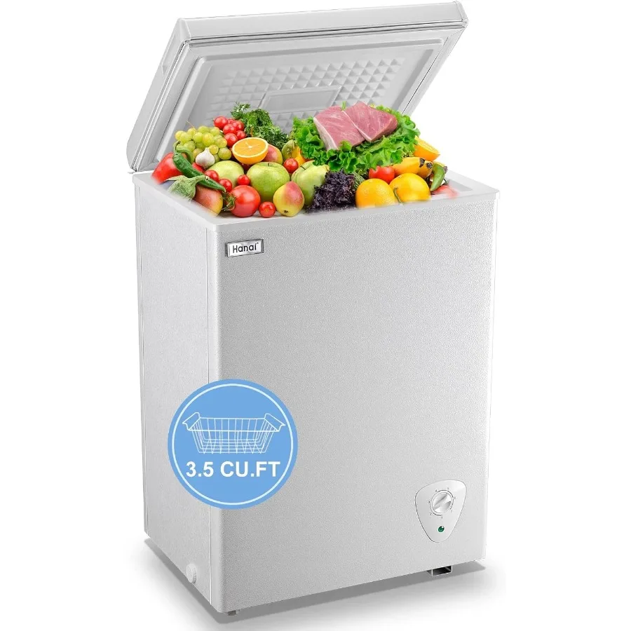 

Small Deep Freezer 3.5 Cu.Ft Mini White Free-Standing Top Door Freezer with Adjustable Thermostat and Removable Basket for Comp