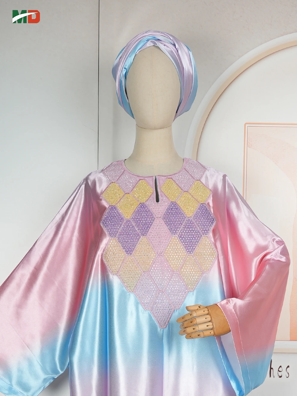 

MD African Clothes Plus Size Women's Elegant Church Dresses Africa Party Wedding Dress Pink Blue Gradient Daily Wear Summer Gown