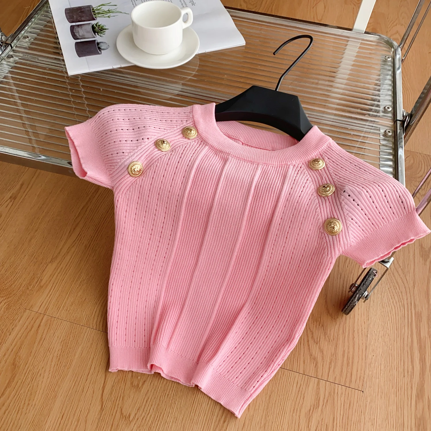 Summer Fashion O-Neck Knitted T-Shirt for Women New Chic Button Short Sleeve Crop Tops Ladies Versatile Slim Tees - Image 2