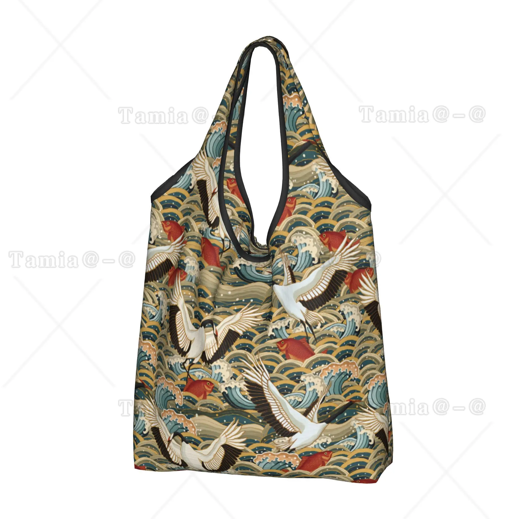 Custom Red Crowned Crane Birds Ukiyoe  Shopping Bags Women Portable Large Capacity Grocery Japane Art  Shopper Tote Bags