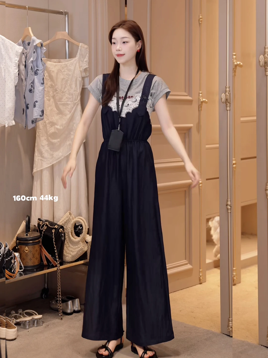 엘리 하이웨이스트 레이스 트림 비브 오버롤 여성 여름 패셔너블 고급스러운 원피스 팬츠 출퇴근용 롱 팬츠