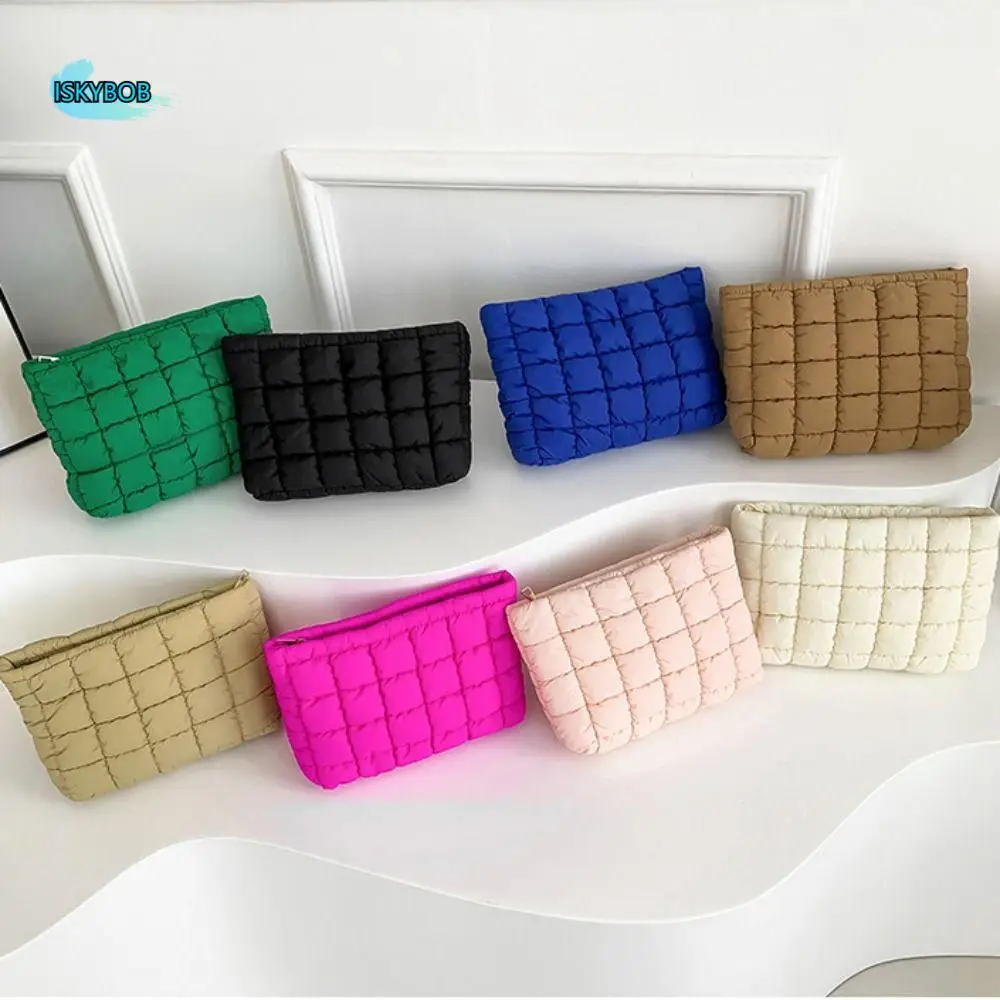 

Portable Puffy Quilted Padded Makeup Bag Zipper Handbag Cotton Clutch Bag Storage Bag Solid Color Cosmetic Bag Outdoor