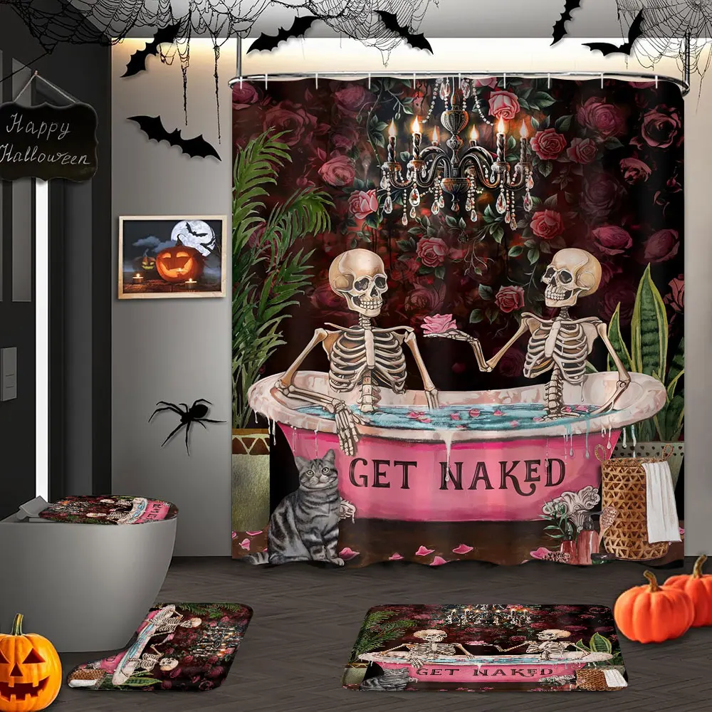 

Gothic Skull Skull Shower Curtain and Rug Set Halloween Vintage Spooky Funny Bathtub with Black Rose Bones Unique Bathroom Decor