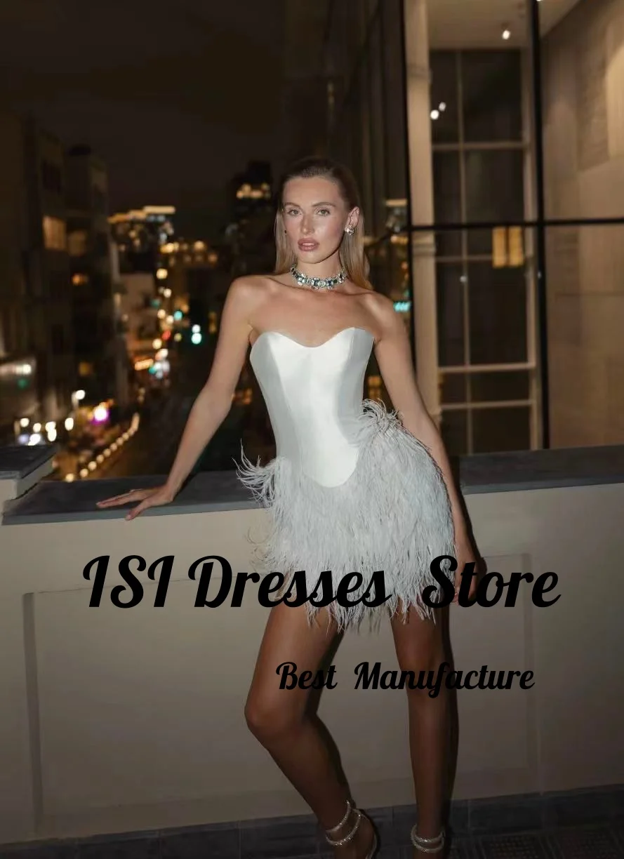 ISI Customized Exquisite Feathers Mini Wedding Dress with Jacket Sweetheart Celebration Dresses Bridal Gown Vestido De Novia