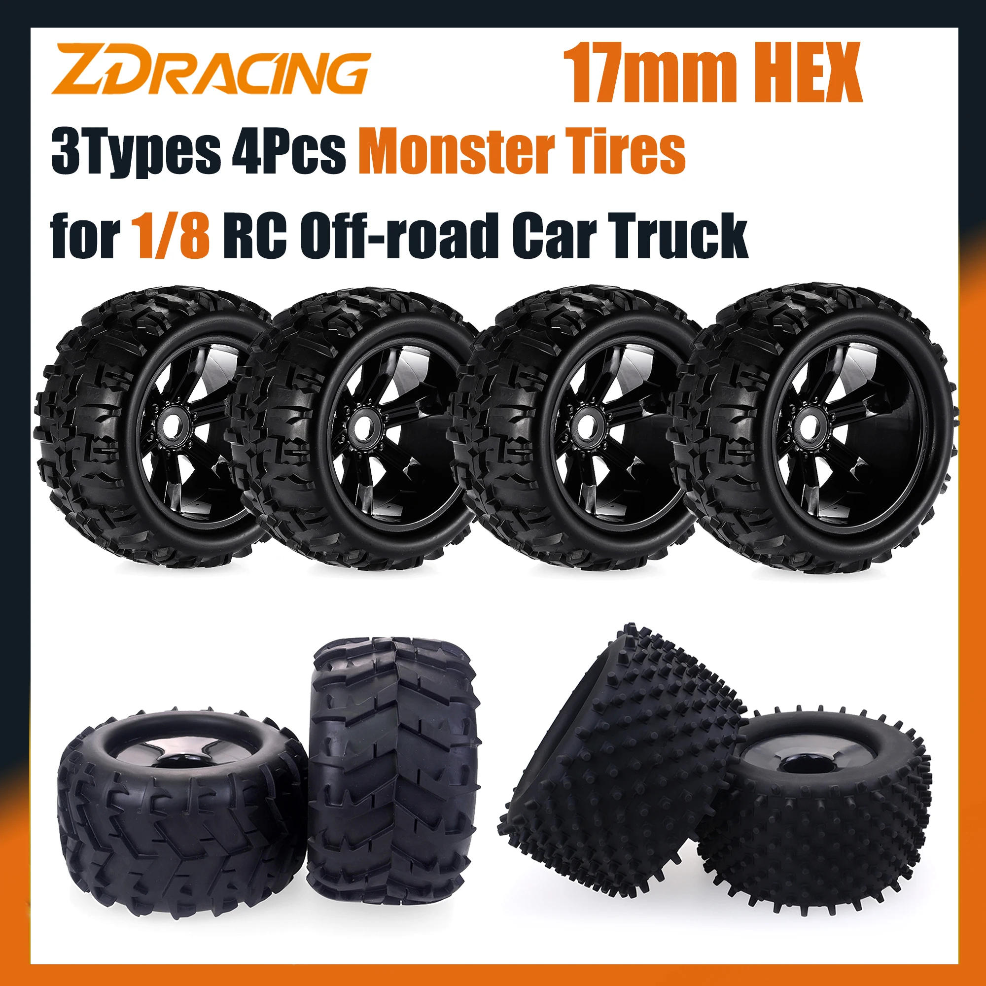 

4PCS ZD Racing 17mm Hex 1/8 Truggy Monster Truck Wheels Tires for RC Car Redcat Hsp Kyosho Hobao Hongnor Team Losi GM DHK HPI