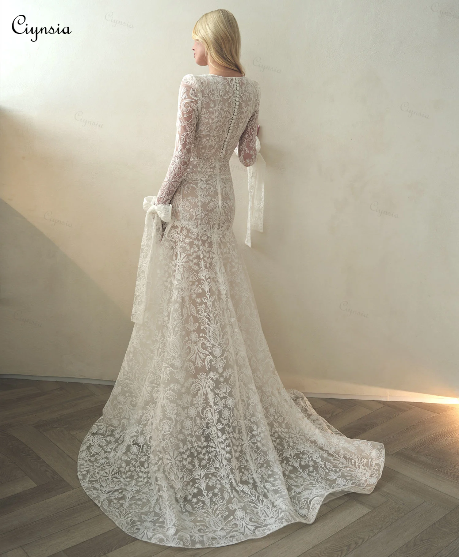 Ciynsia Customized lvory Lace Wedding Dresses for Bride 2026 New O Neck Full Sleeves Mermaid  Modest Bride Gowns Sweap Train