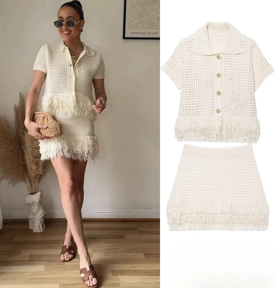 

KONDALA Повседневный шикарный полый короткий комплект, женский топ с короткими рукавами и кисточками, мини-юбка, новинка 2025, модная летняя осенняя праздничная юбка Se