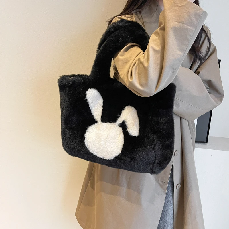 Rabbit Fur Women's Bag 2023 New Large Plush Eco Bag Korean Furry Shoulder Bag Y2K Soft Fluffy Handbag Bunny Fuzzy Tote Bag Kpop