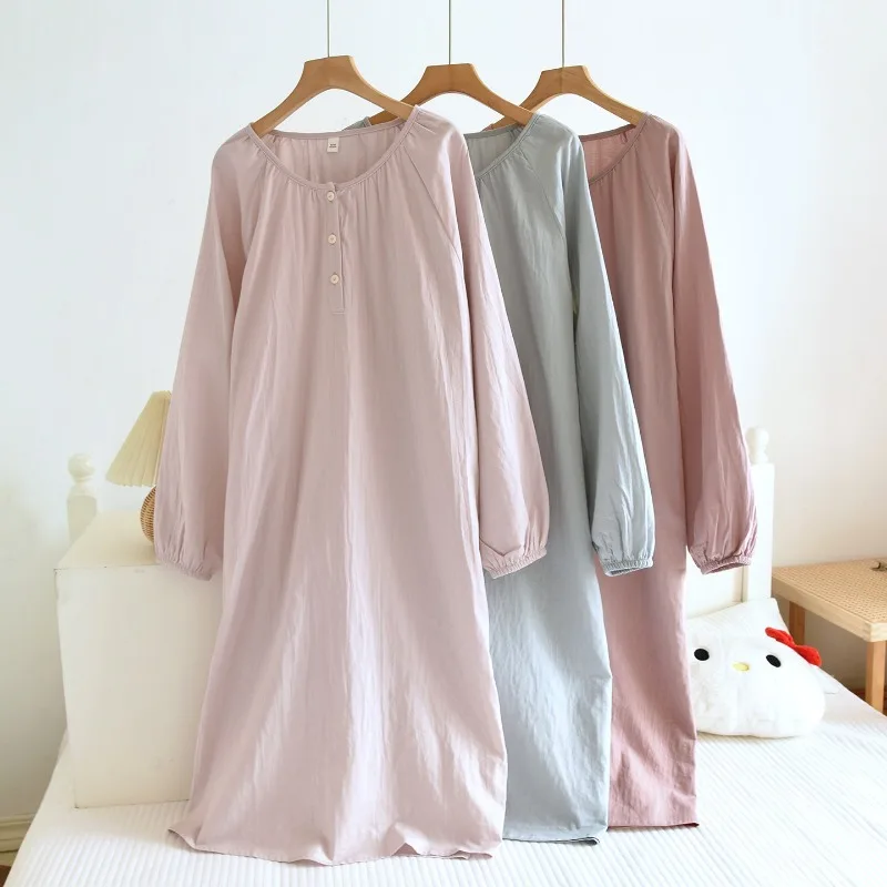 Women's 100% Cotton Double-layer Gauze Nightgown, Lightweight Soft Breathable Summer Long Sleeve Sleep Loungewear Dress.