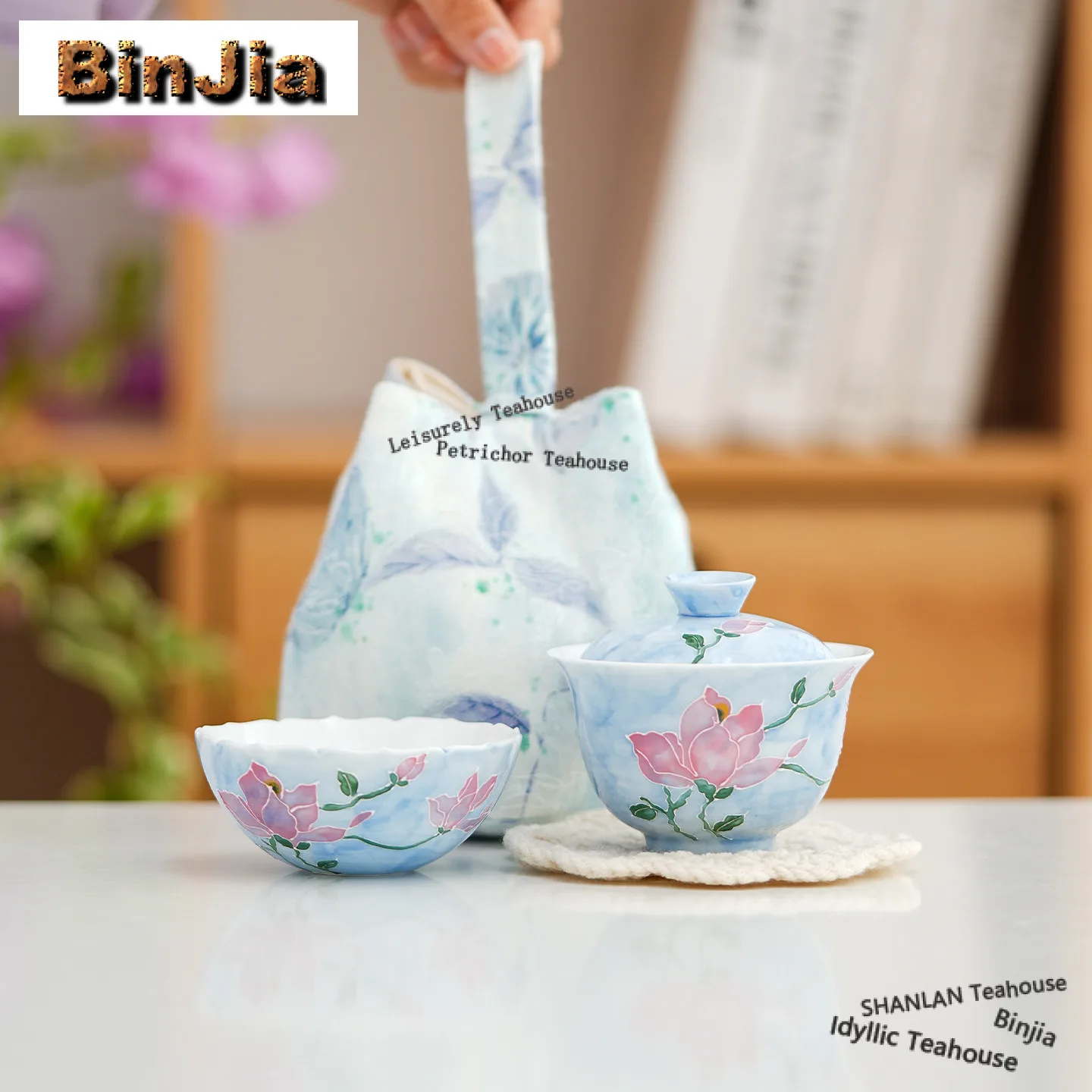 

Hand Painted Mist Blue Magnolia Flower Travel Tea Set Kit Zen 1 bowl 1 Cup Tea Brewing Organizer Portable Outdoor Tote Bag