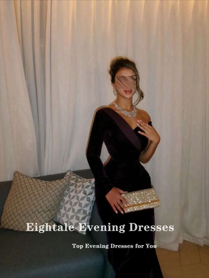 فستان سهرة أرجواني مخملي من Eightale لحفلات الزفاف مخصص بأكمام طويلة فساتين حفلات عربية رداء السهرة