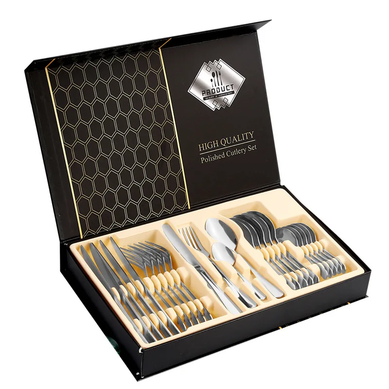 

Stainless steel tableware Western knife and fork 24-piece set Gift box Gold knife, fork and spoon set