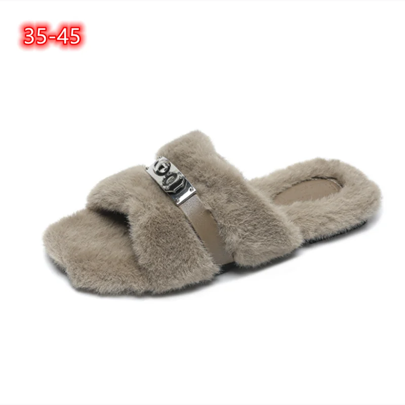 

Women Spring Autumn Warm Slippers Indoor And Outdoor Short Plush Slides Flat Cotton Shoes Metal Chain Black Beige Grey 35 45 44