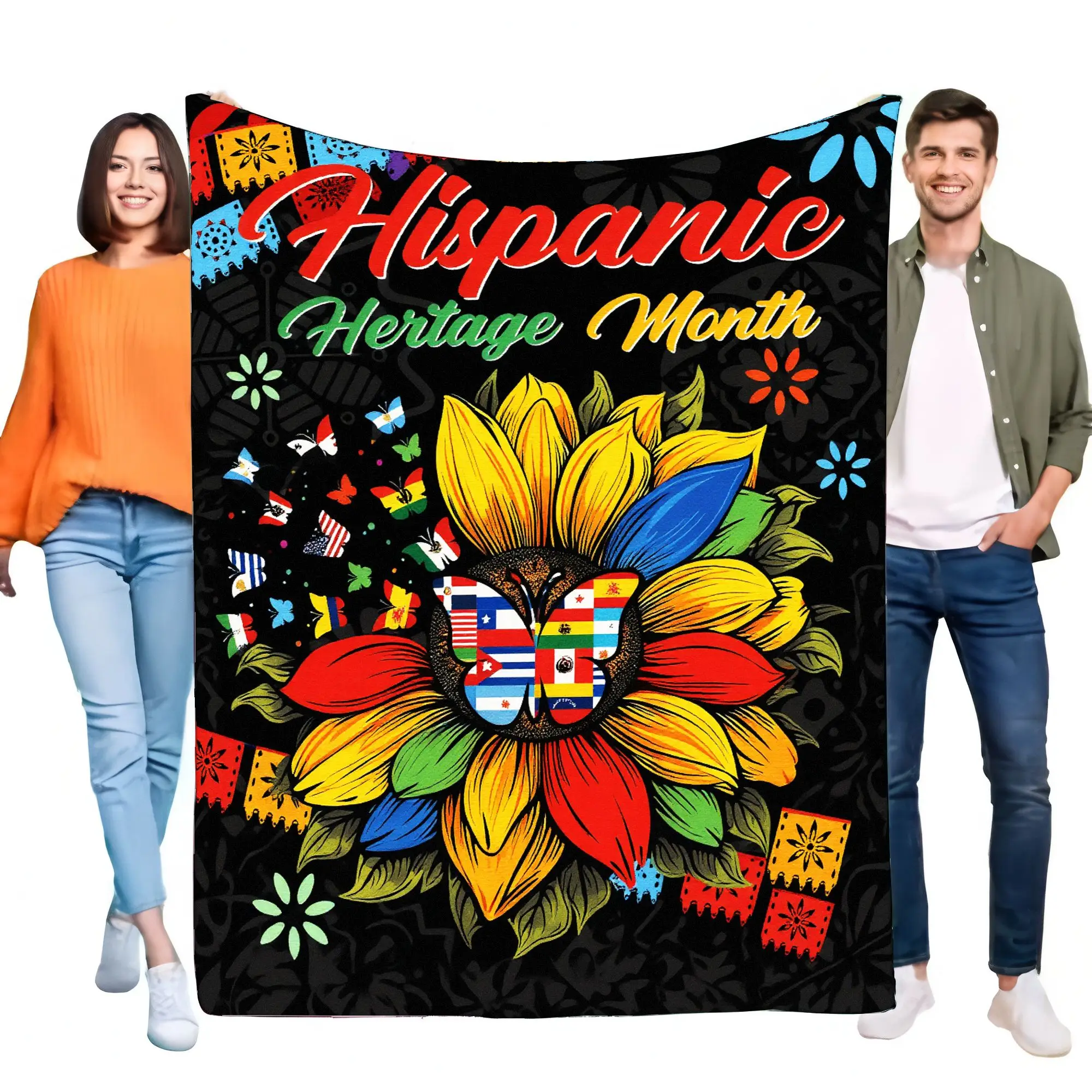 Hispanic Heritage Month Blanket Cozy Soft Bed Sofa Throw Decorative Gift for Cultural Celebration, Colorful Sunflower Butterfly