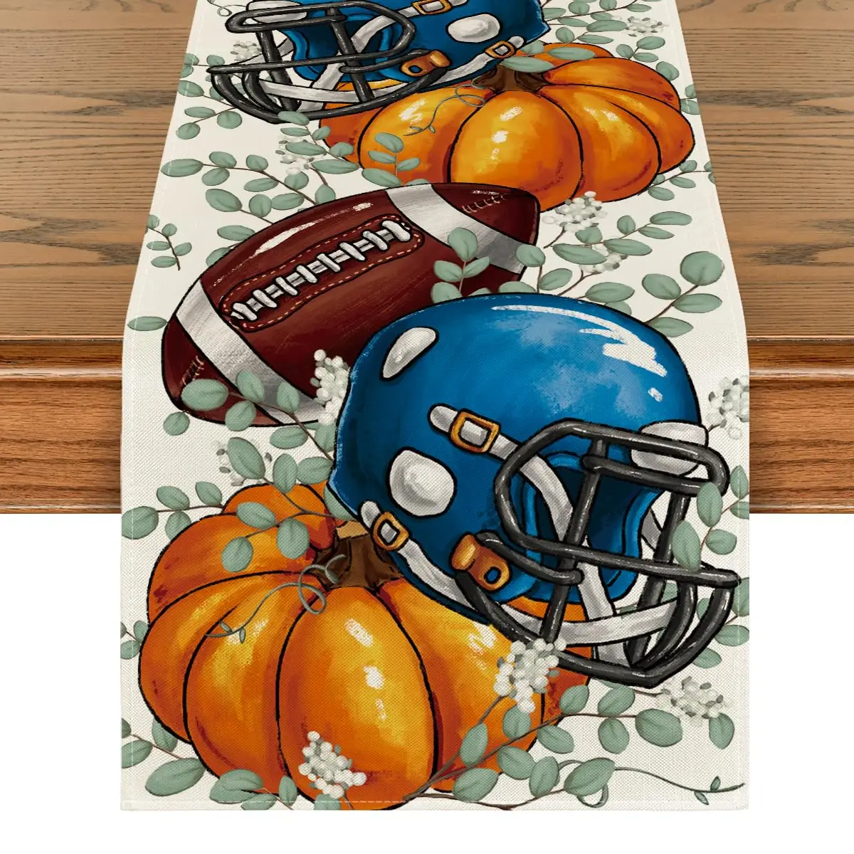 

Table Runner with Blue Helmet,Pumpkin Football,Rugby,Eucalyptus,Fall Table Runner,Thanksgiving Kitchen,Dining Table Decor