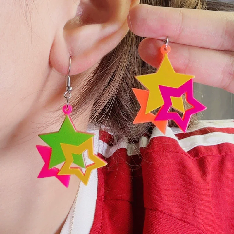 New Stacked Star Earrings with Fluorescent Color Hollow Pentagram Acrylic Fashion Trend Earrings Decorative Gifts Wholesale