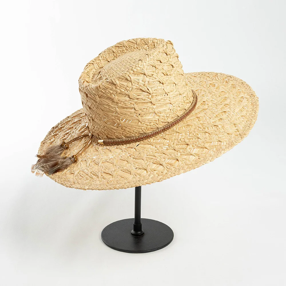 100% Natural raffia straw fedora hat with PU braided belt and feathers women sea beach sun hat wide brim straw hat