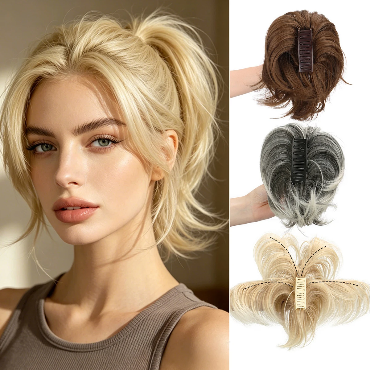 Synthetic Fake Hair Ponytail 8‘Short Multi Layered Straight Claw On Ponytail Clip In Hair Extensions Hairpiece For Women Cosplay