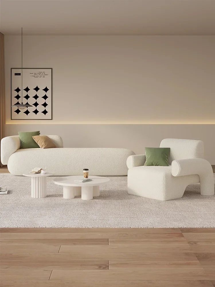 

Fabric sofa living room, modern and minimalist rest area, reception and beauty salon, lamb plush cream style homestay hotel sofa