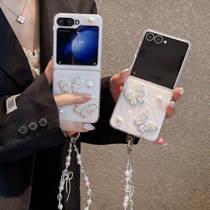 Fashion Cute Pearl Butterfly Phone Case For Samsung Galaxy Z Flip 7 6 5 Z Flip6 ZFlip7 Cover with Chain Kawaii Cases Flip5 Funda