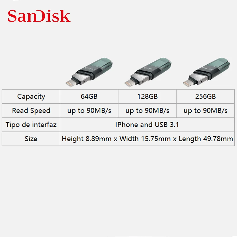 SanDisk USB Flash Drive iXpand Flip OTG Lightning USB 3.1 Stick 64GB 128GB 256GB Pen Drive MFi For iPhone & iPad and USB Type-A